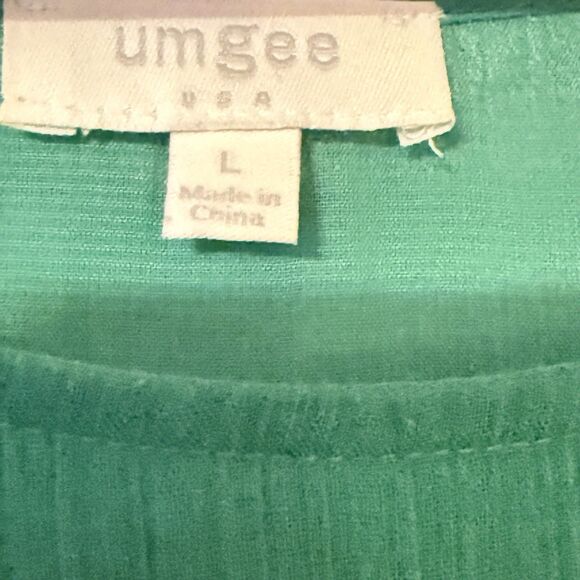 UMGEE Green Gauzy Tunic Top w Flower Crochet Sleeves Fringe Hem Cottagecore Lg - Picture 11 of 11